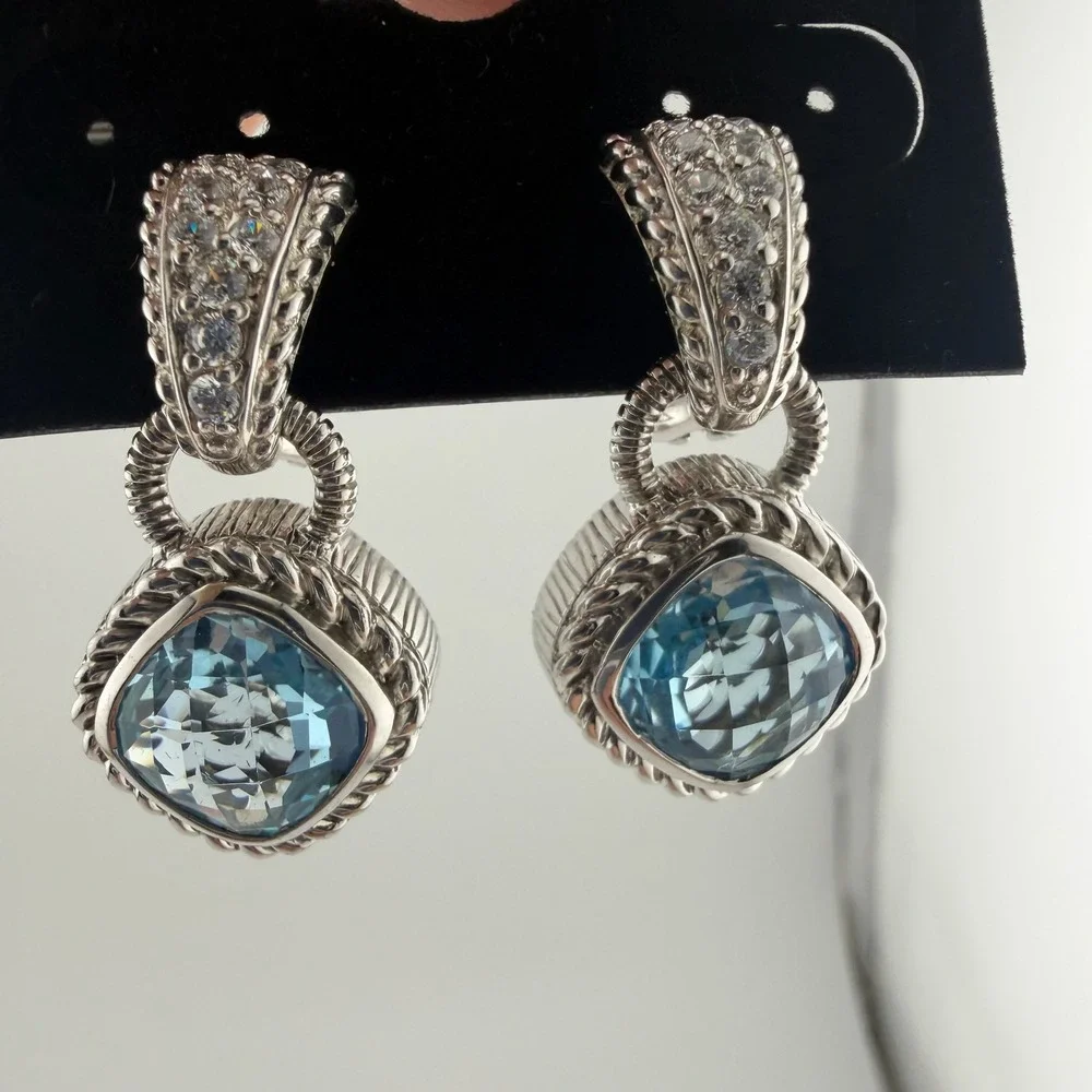 Judith Ripka 925 Sterling Silver Blue Topaz CZ Drop Earrings Fleur-de-Lis